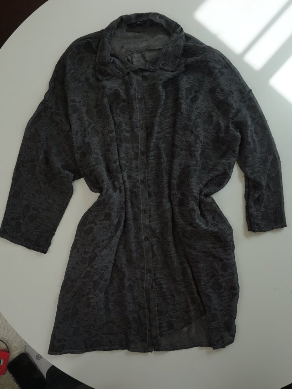 LUUKAA Sheer Button Up Grey Floral Dress with Pockets XL